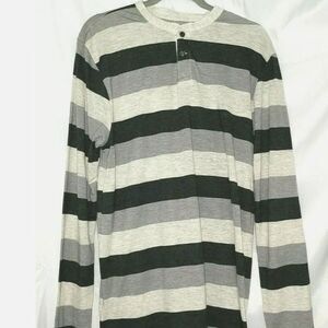 Carbon Brand Men's Black Gray Stripe Long Sleeve Henley T Shirt 2 button Size XL